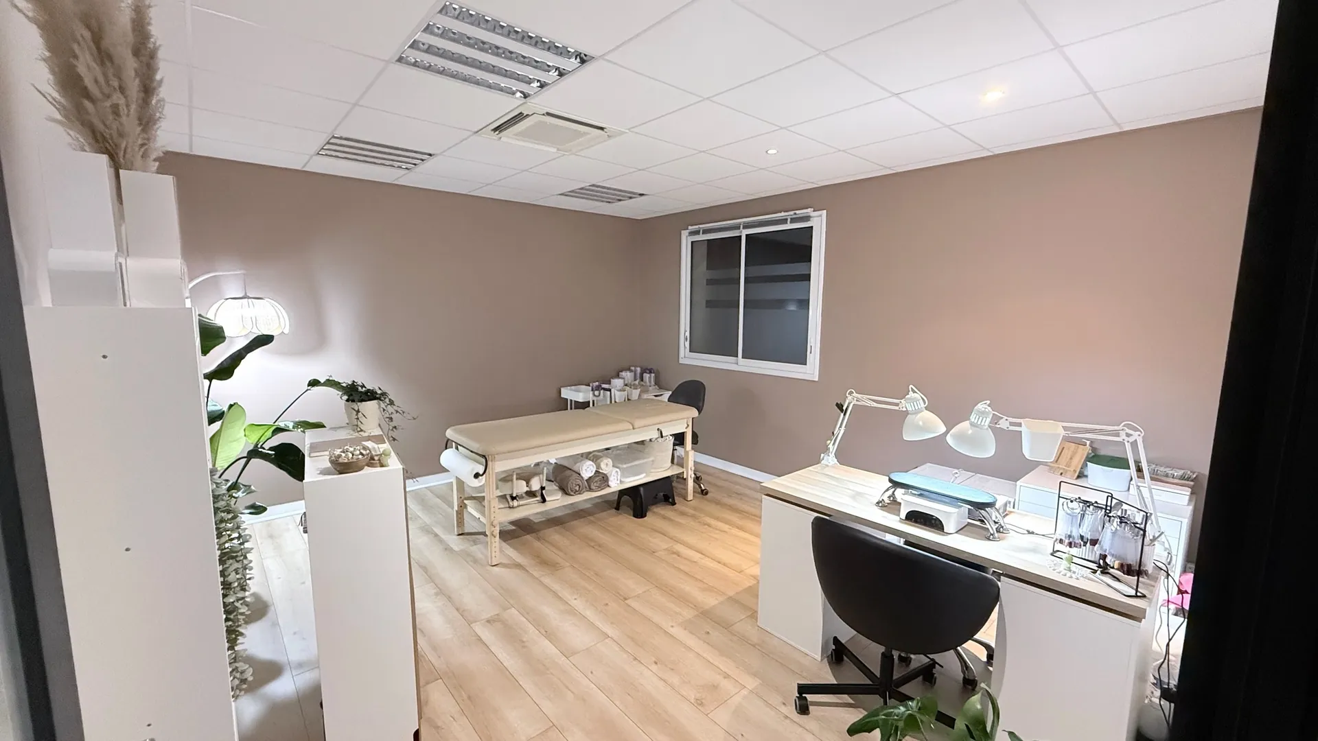 Vue panoramique — poste de manucure et table de massage avec plantes