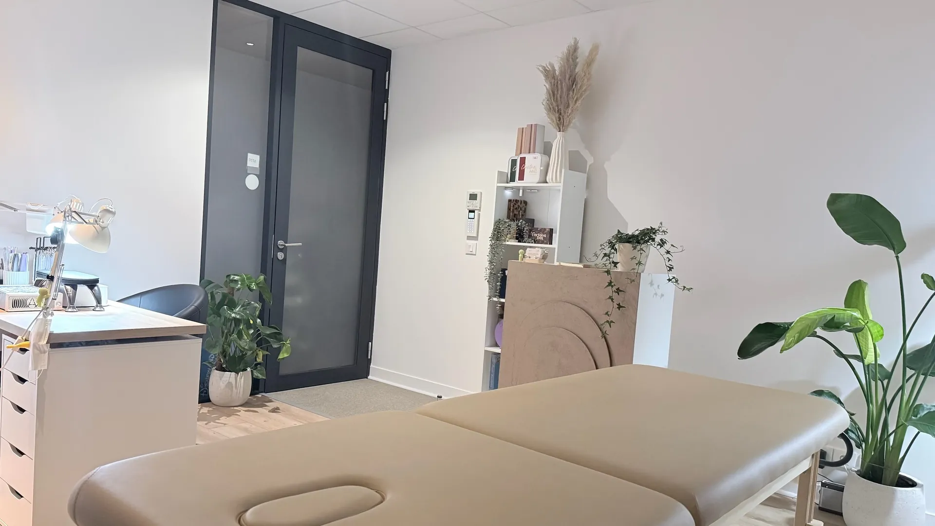 Entrée de l'institut — table de massage, étagère avec pampa et plantes